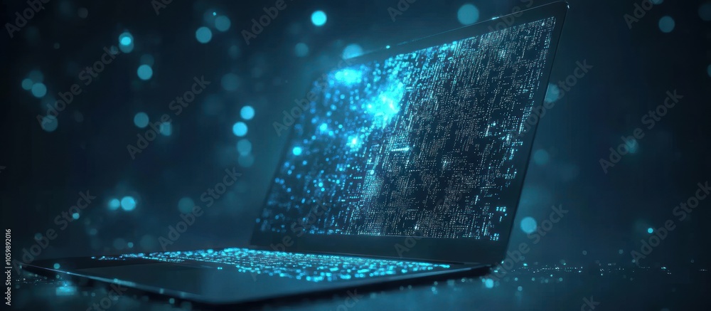 Aufkleber programming code icon on a laptop screen in light blue low poly futuristic style