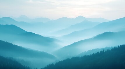 Obraz premium Serene mountain landscape enveloped in mist, evoking tranquility and natural beauty.