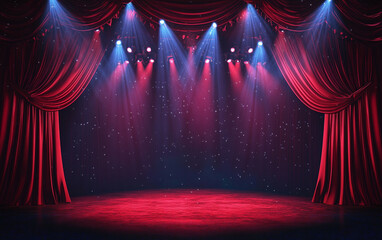 Theater stage with red curtains and spotlights. Theatrical scene in the light background