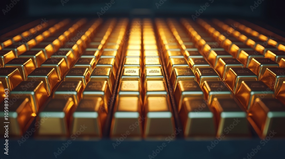 Poster a close-up view of shimmering gold bars arranged in a grid pattern, highlighting their reflective su