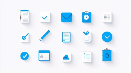 Fototapeta premium whimsical planner icons, cerulean blue highlights, reflective metal rings, crisp white surfaces, playful task completion symbols, gentle gradient background, tech-friendly design
