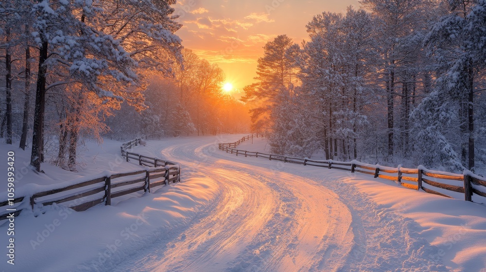 Poster a serene winter landscape features a winding road blanketed in snow. the warm glow of the setting su