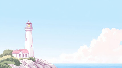 Serene coastal lighthouse illustration under a clear sky