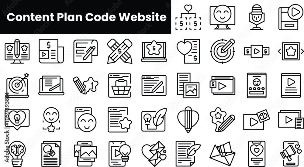Poster set of outline content plan code website icons