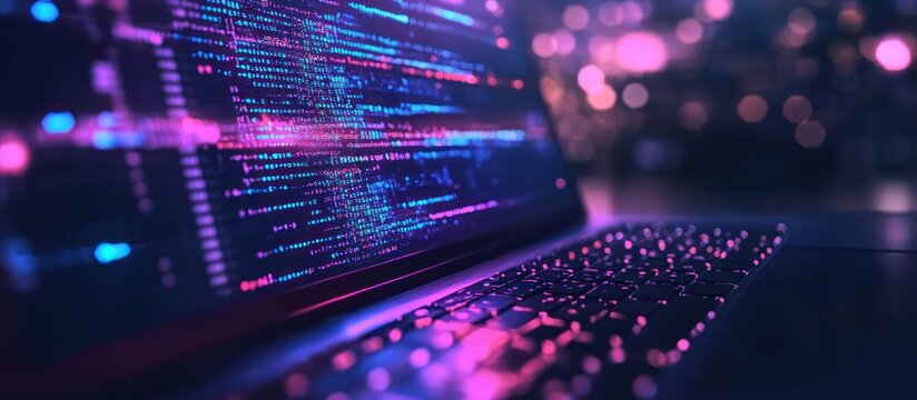 programming code icon on a laptop screen in light blue low poly futuristic style