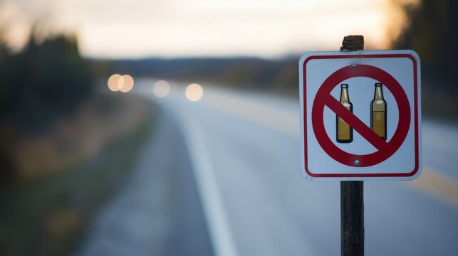 A clear no-drinking-and-driving sign with a blurred road in the background symbolizing anti-drunk driving and public awareness - Powered by Adobe