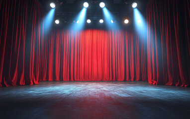 Theater stage with red curtains and spotlights. Theatrical scene in the light background