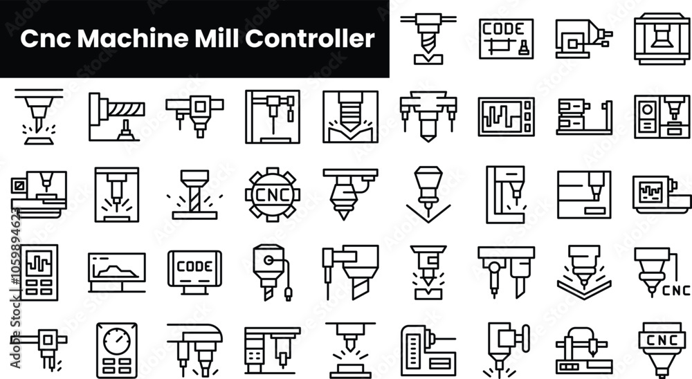 Poster set of outline cnc machine mill controller icons