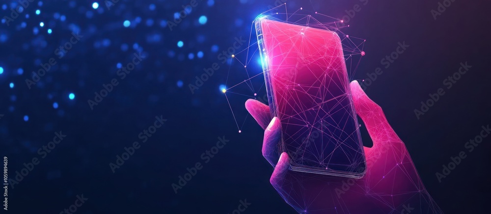 Poster smartphone in hand with connecting dots and lines. wireframe smartphone