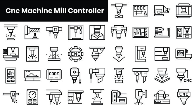 Set of outline cnc machine mill controller icons