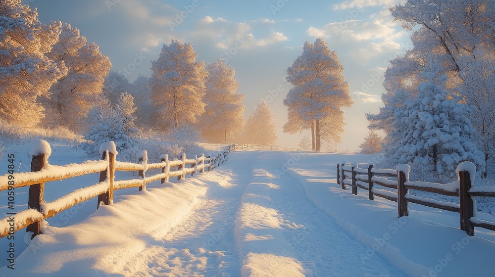 Poster a peaceful path covered in fresh snow leads through snow-dusted trees, illuminated by the soft glow 
