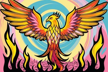 A radiant phoenix in Surrealist Pop style. Created with generative AI technology