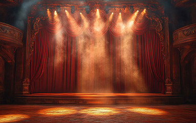 Theater stage with red curtains and spotlights. Theatrical scene in the light background