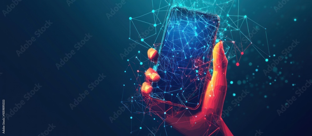 Aufkleber smartphone in hand with connecting dots and lines. wireframe smartphone