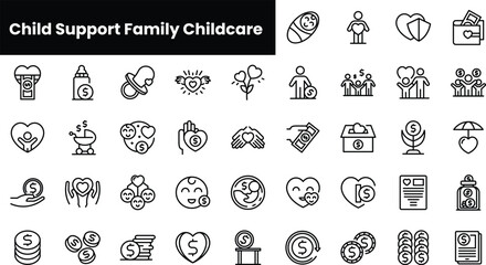 Set of outline child support family childcare icons