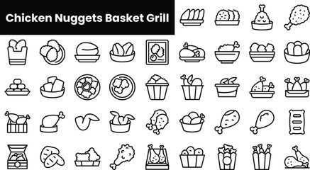 Set of outline chicken nuggets basket grill icons