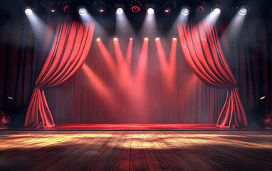 Theater stage with red curtains and spotlights. Theatrical scene in the light background