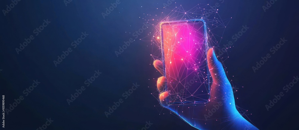 Poster smartphone in hand with connecting dots and lines. wireframe smartphone