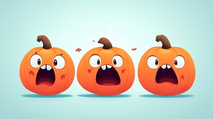 Obraz premium charming cartoon pumpkin trio, ultra-detailed vector art, varied facial expressions, smooth gradient shading, glossy surface texture, whimsical halloween imagery, kid-friendly spooky aesthetic