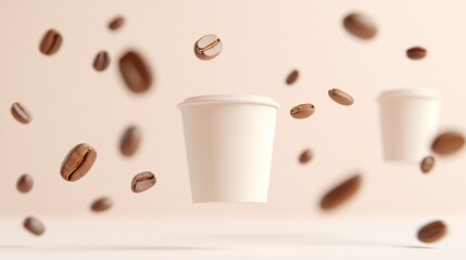 Obraz premium airborne paper coffee mugs, coffee seeds drifting, ultra-detailed 3d visualization, soft pastel background, studio lighting setup, promotional imagery, sleek product design, coffee shop branding,