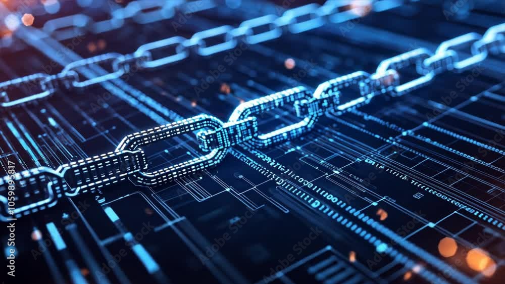 Poster depict a global network interwoven with blockchain technology, featuring secure data transfers