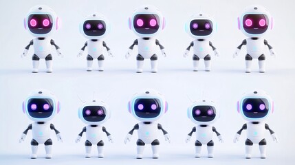 Fototapeta premium adorable ai chatbot characters, illuminated facial displays, smooth plastic texture, various friendly poses, high-detail 3d modeling, gentle shadows, tech product showcase, matte finish, sleek