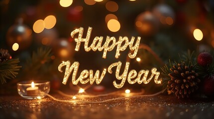 Sparkling "Happy New Year" greeting against a festive holiday background.