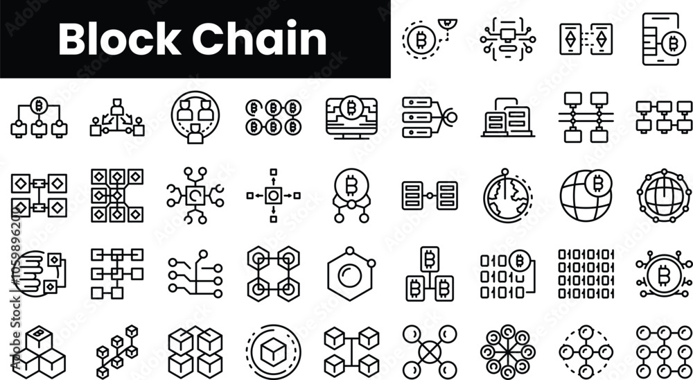 Poster set of outline block chain icons