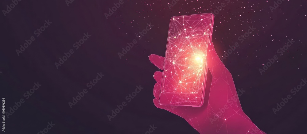 Aufkleber smartphone in hand with connecting dots and lines. wireframe smartphone