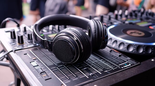 Headphones on a dj table at a music event symbolizing concert sponsorship and lifestyle product placement