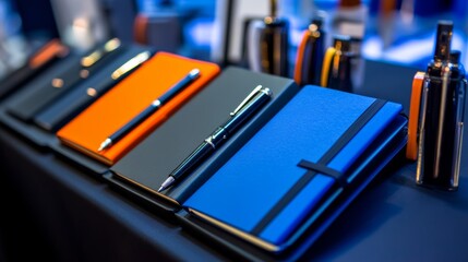 Notebooks and pens displayed as gifting products at a corporate event symbolizing promotional merchandise