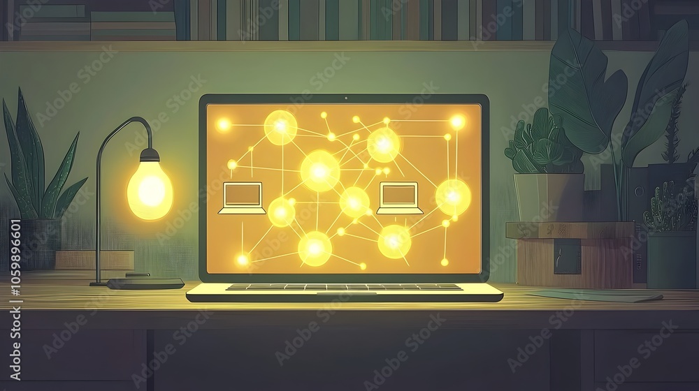 Poster a conceptual image showcasing a digital network map displayed on a laptop screen