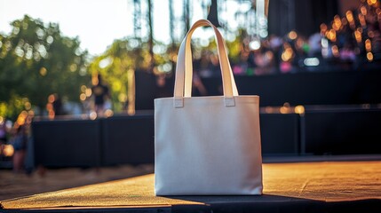 Tote bag casually resting on a festival stage during a music event representing indirect promotion and event partnership