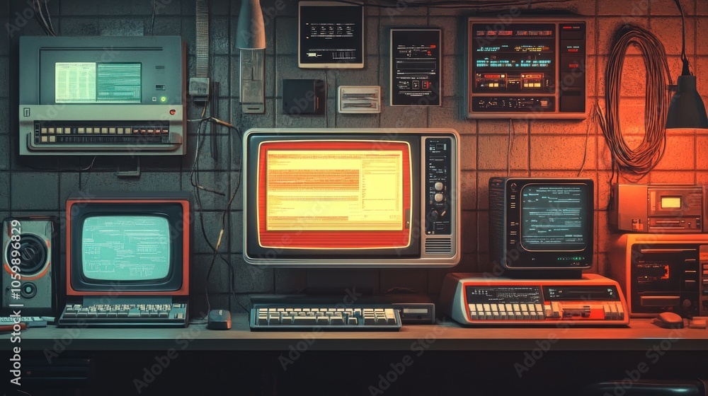 Poster a retro-futuristic computer room with a variety of vintage computers and monitors.