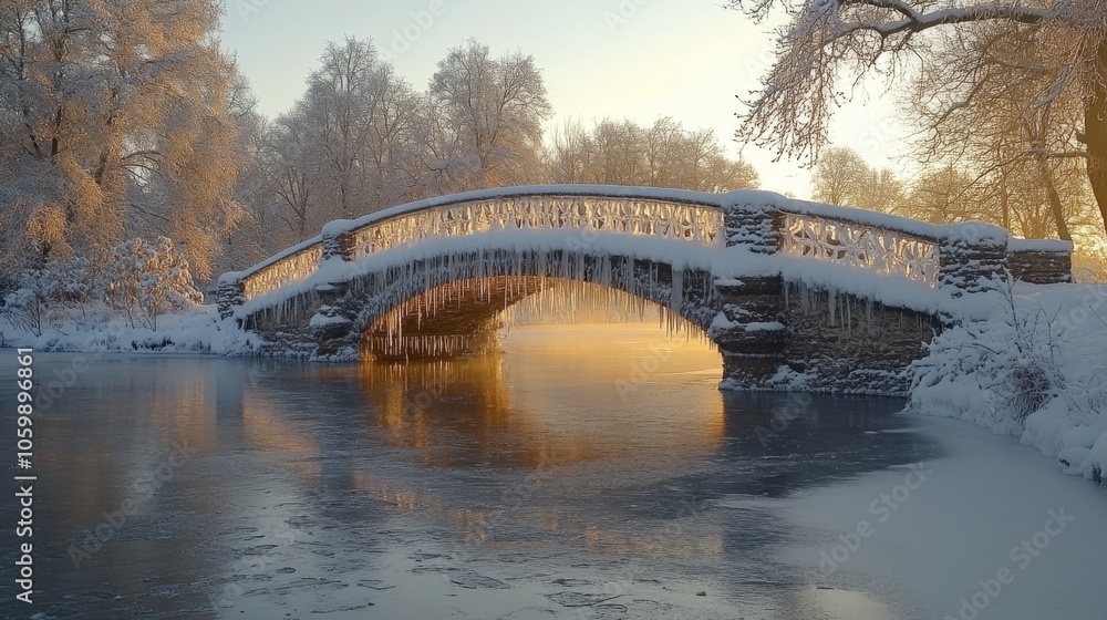 Poster a tranquil setting showcases a snow-draped bridge with icicles hanging from its arch. the golden lig