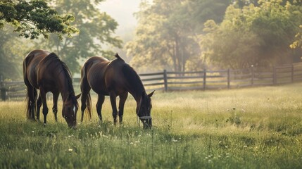 Obraz premium Some horses are eating grass in the green meadow.