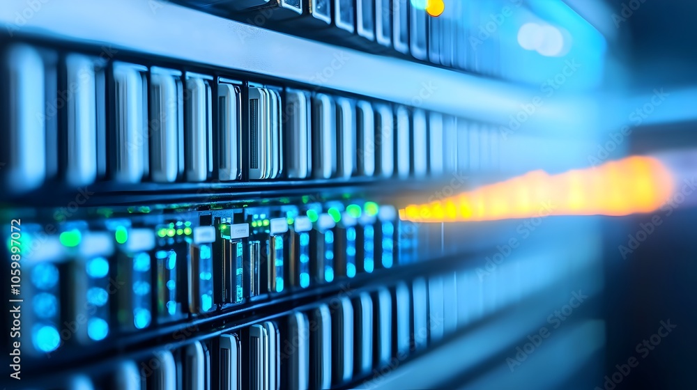 Poster close up view of a sophisticated network server rack filled with advanced equipment and blinking lig