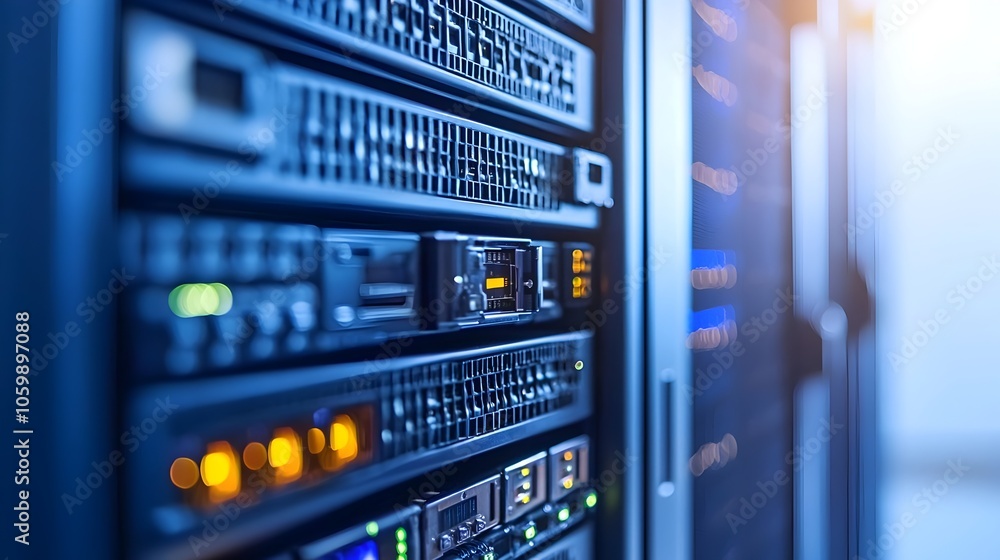 Poster close up view of an intricate network server rack filled with advanced equipment and blinking lights