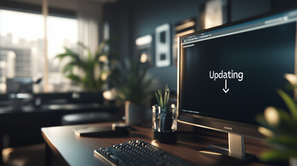  Close-up of computer screen showing software update progress bar with "Updating" in bold letters, modern office desk in background, emphasizing digital technology and productivity.  