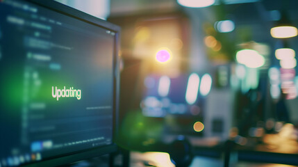 Close-up of computer screen showing software update progress bar with "Updating" in bold letters, modern office desk in background, emphasizing digital technology and productivity.  