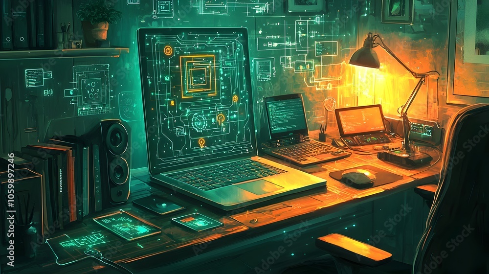 Poster conceptual digital network map visualized on laptop screen in a warm cozy home office environment hi