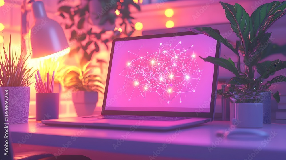 Poster conceptual image depicting a digital network map displayed on a laptop screen in a cozy home office 