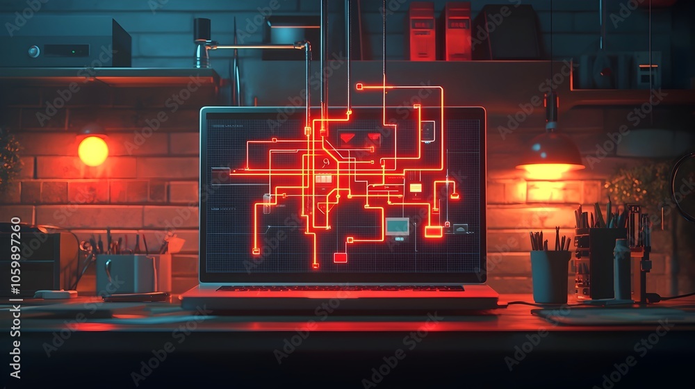 Poster conceptual image of a digital network map displayed on a laptop screen in a cozy home office setting