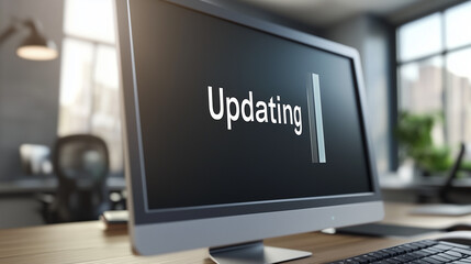  Close-up of computer screen showing software update progress bar with "Updating" in bold letters, modern office desk in background, emphasizing digital technology and productivity.  