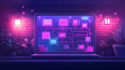 Fototapeta premium Conceptual digital network map displayed on laptop screen within a warm and inviting home office highlighting the importance of connectivity and technology in remote work environments