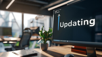  Close-up of computer screen showing software update progress bar with "Updating" in bold letters, modern office desk in background, emphasizing digital technology and productivity.  
