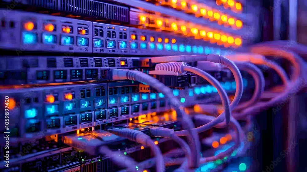 Aufkleber detailed close up view of advanced network server rack filled with high tech equipment and blinking 
