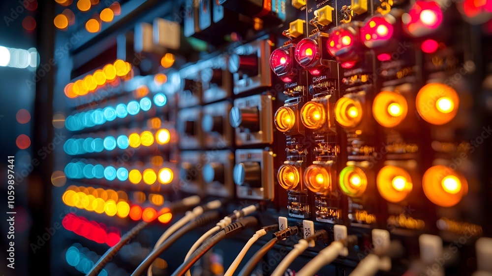 Poster detailed close up view of an advanced network server rack filled with complex equipment and blinking