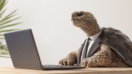Elegant Tortoise Business Professional in 3D Render Headshot, symbolizing calm problem-solving in corporate setting