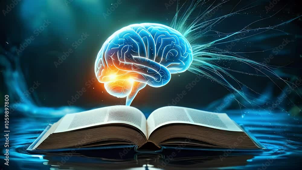 Poster 3d rendering of glowing blue brain emerging from an open book on water.